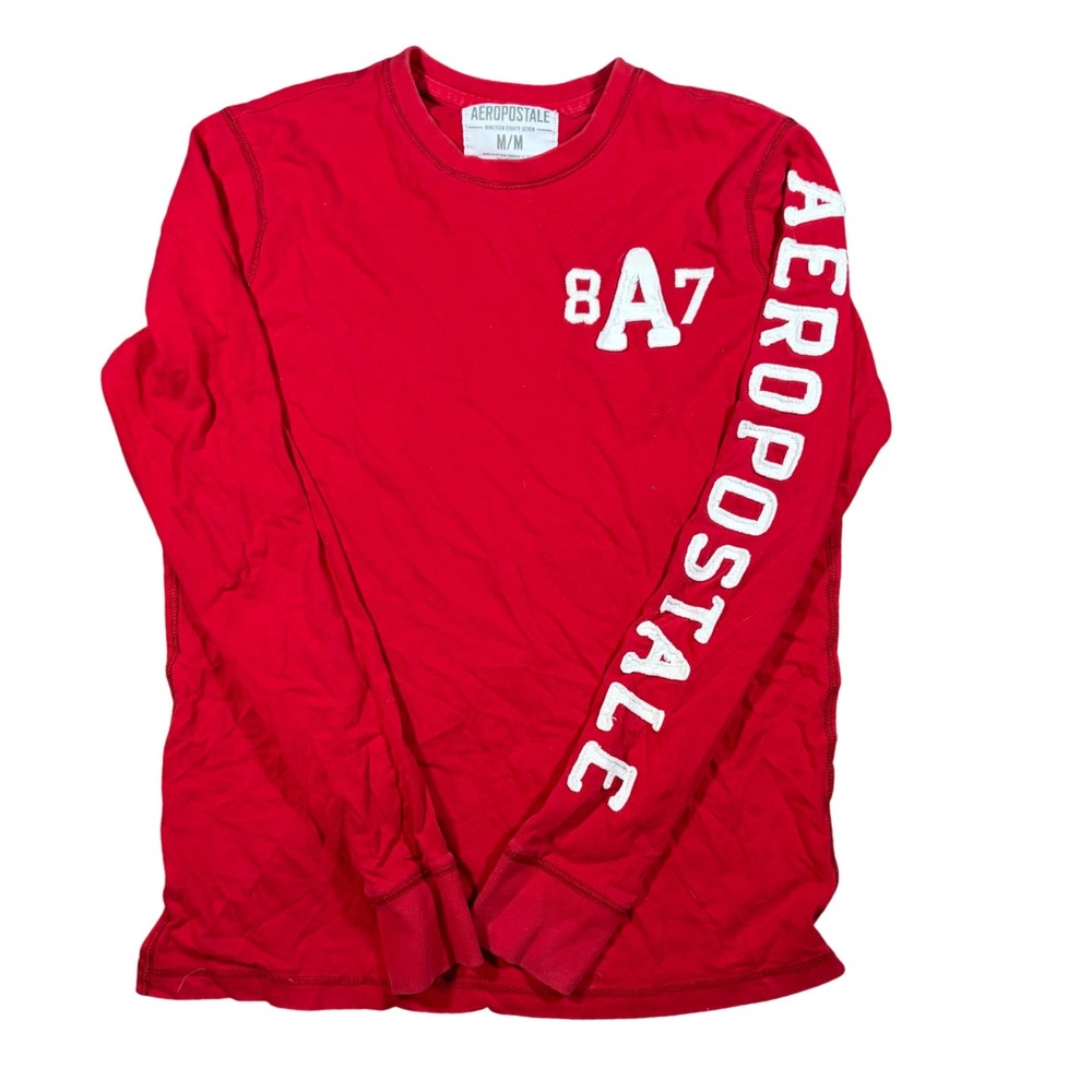 Aeropostale Mens Red Long Sleeve Graphic T-Shirt 8A7 Applique Size Medium